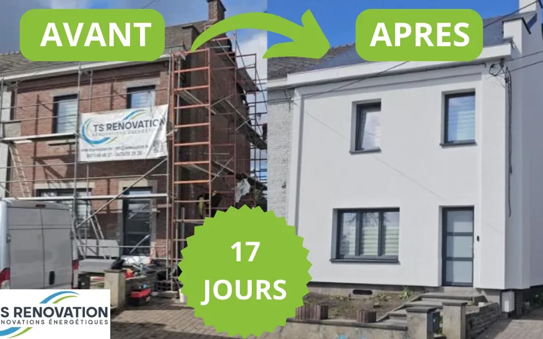Rénovation en 17 jours d’une toiture, d’une façade avec crépi isolant et des châssis à Jemeppe-sur-Sambre